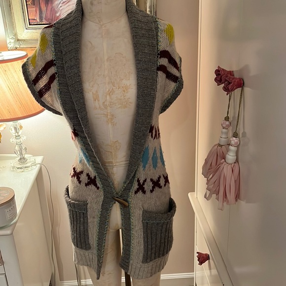 Vintage Free People 100% wool long vest sweater Aztec print - Picture 1 of 9